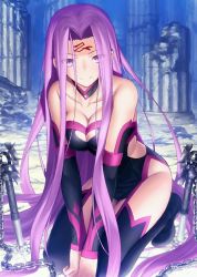Rule 34 | 1girl, absurdly long hair, breasts, chain, cleaned, cleavage, cleavage cutout, clothing cutout, eyes visible through hair, fate/grand order, fate/stay night, fate (series), female focus, hip vent, large breasts, long hair, looking at viewer, matching hair/eyes, medusa (fate), medusa (rider) (fate), medusa (rider) (third ascension) (fate), nameless dagger (fate), official art, pink eyes, pink hair, rectangular pupils, resized, ruins, smile, solo, takeuchi takashi, tattoo, upscaled, very long hair, waifu2x, weapon