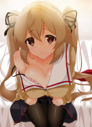 Rule 34 | 10s, 1girl, aria (okuda08808008), breasts, brown eyes, brown hair, cardigan, cleavage, hair ornament, hair ribbon, heart, heart-shaped pupils, highres, kantai collection, large breasts, long hair, looking at viewer, murasame (kancolle), pantyhose, ribbon, school uniform, skirt, smile, solo, symbol-shaped pupils, thighband pantyhose, twintails
