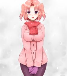 Rule 34 | 1girl, bad id, bad pixiv id, black pantyhose, blush, breasts, breath, coat, gloves, highres, impossible clothes, large breasts, long sleeves, looking at viewer, mikakunin de shinkoukei, open mouth, pantyhose, parted bangs, pink coat, pink hair, purple eyes, purple gloves, red scarf, scarf, short hair, short twintails, smile, snowing, solo, twintails, twintails day, yonomori kobeni, yue (show-ei)