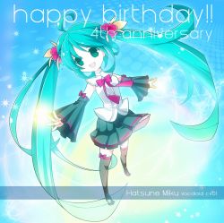 Rule 34 | 1girl, aqua hair, bad id, bad pixiv id, bow, bowtie, detached sleeves, flower, green eyes, hair flower, hair ornament, happy birthday, hatsune miku, highres, jesse (artist), long hair, open mouth, outstretched arms, saitou aki, skirt, solo, spread arms, thighhighs, twintails, very long hair, vocaloid