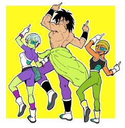 Rule 34 | 1girl, 2boys, :d, armor, bike shorts, black hair, boots, broly (dragon ball super), cheelai, chuya hukuaka, commentary request, dancing, dragon ball, dragon ball super, dragon ball super broly, fanny pack, fingernails, full body, ginga patrol jaco, gloves, green-tinted eyewear, green legwear, hat, highres, index finger raised, jaco teirimentenpibosshi pose, leg up, lemo (dragon ball), looking at viewer, looking back, multiple boys, nervous, open mouth, outstretched arms, purple eyes, purple legwear, scar, scouter, topless male, short hair, simple background, smile, standing, sweatdrop, tinted eyewear, two-tone background, white background, white gloves, white hair, yellow background