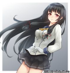 Rule 34 | 1girl, black hair, blush, breasts, closed mouth, gloves, gradient background, hair ornament, hair ribbon, hairclip, highres, isokaze (kancolle), kantai collection, long hair, long sleeves, looking at viewer, medium breasts, neckerchief, nuka (nvkka), one-hour drawing challenge, pleated skirt, red eyes, ribbon, school uniform, serafuku, skirt, smile, solo, tress ribbon, white gloves