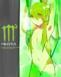 Rule 34 | 1girl, arms up, collarbone, copyright name, drink, flat chest, green eyes, green hair, hair censor, highres, long hair, matching hair/eyes, midriff, monster energy, navel, original, personification, seedflare, solo, submerged, very long hair