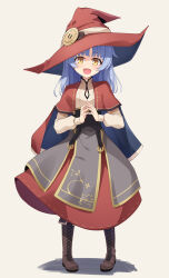 Rule 34 | 1girl, blue hair, blunt bangs, boots, capelet, full body, hat, highres, large buttons, long sleeves, looking at viewer, medium hair, ogami kazuki, open mouth, simple background, smile, solo, standing, steepled fingers, tachi-e, tentacles, witch, witch hat, yellow eyes