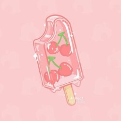 Rule 34 | animal crossing, artist name, cherry, commentary, dripping, english commentary, food, food focus, fruit, jasmine (atrela.designs), leaf, leaf background, nintendo, no humans, patterned background, pink background, popsicle, popsicle stick, sparkle, still life, watermark