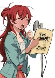 Rule 34 | 10s, 1girl, :o, blush, book, censored, clenched hand, collarbone, embarrassed, closed eyes, full-face blush, holding, holding book, long hair, microphone, mosaic censoring, open book, pornography, red hair, sakaki shizuka, shirobako, solo, sweat, twinpoo, white background
