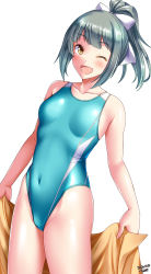 Rule 34 | 1girl, alternate costume, bare arms, bare shoulders, blush, breasts, collarbone, commentary request, competition swimsuit, covered navel, cowboy shot, green hair, highleg, highleg swimsuit, highres, kantai collection, long hair, looking at viewer, one-piece swimsuit, one eye closed, open mouth, ponytail, simple background, smile, solo, swimsuit, tsuchimiya, white background, yellow eyes, yuubari (kancolle)