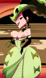 Rule 34 | 1girl, black eyes, black hair, breasts, cleavage, earrings, gloves, hat, highres, jewelry, josephine clench, lipstick, makeup, matching hair/eyes, nipples, nose, samurai jack, short hair, smile, solo, standing, thehumancopier, umbrella, wide hips