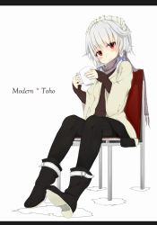 Rule 34 | 1girl, alternate costume, blush, boots, braid, chair, contemporary, copyright name, cup, female focus, holding, izayoi sakuya, letterboxed, looking at viewer, maid headdress, pantyhose, ratsuku kinoko, red eyes, scarf, silver hair, sitting, skirt, smile, solo, striped clothes, striped pantyhose, sweater, teacup, touhou, twin braids, vertical-striped clothes, vertical-striped pantyhose
