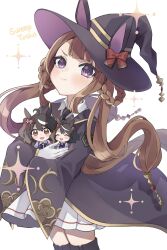 Rule 34 | 1girl, animal ears, black footwear, black hat, black necktie, black robe, boots, bow, brown hair, character name, collared shirt, cowboy shot, doll, hair rings, hat, highres, holding, holding doll, horse ears, horse girl, horse tail, kitasan black (umamusume), long hair, looking at viewer, necktie, papuchi (papri pa), pleated skirt, pout, purple eyes, red bow, robe, shirt, simple background, skirt, solo, sweep tosho (umamusume), tail, thigh boots, twintails, umamusume, white background, white shirt, white skirt, witch hat