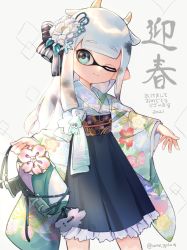 Rule 34 | 1girl, 2021, ;), akeome, animal ears, aqua eyes, bad id, bad twitter id, black skirt, blunt bangs, blunt ends, closed mouth, commentary request, cow ears, cow horns, flag, floral print, flower, frilled skirt, frills, hair flower, hair ornament, happy new year, high-waist skirt, highres, holding, holding weapon, horns, inkling, inkling girl, inkling player character, japanese clothes, kemonomimi mode, kimono, long hair, long sleeves, looking at viewer, mask, new year, nintendo, obi, octoshot (splatoon), one eye closed, pointy ears, print kimono, sash, silver hair, skirt, smile, solo, splatoon (series), standing, tentacle hair, translated, twitter username, ume (plumblossom), weapon, white flag, wide sleeves