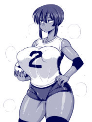 Rule 34 | 1girl, amazon (taitaitaira), ball, breasts, cleft of venus, dark-skinned female, dark skin, elbow pads, female focus, gym uniform, hand on own hip, huge breasts, puffy nipples, short hair, simple background, solo, sweat, volley ball, white background