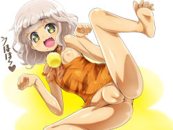 Rule 34 | 1girl, anus, barefoot, bottomless, cleft of venus, fang, feet, leg up, looking at viewer, mole, mole under mouth, nami makoto, nipples, one breast out, open mouth, pretty series, pripara, pussy, soles, taiyo pepper, toes, wavy hair, yellow eyes