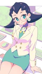 Rule 34 | 1girl, armband, blue eyes, blush, buttoned cuffs, buttons, commentary, earrings, glasses, highres, jewelry, mega man (series), mega man legends (series), mouse (computer), office lady, robot, round eyewear, shirt, skull earrings, solo, the misadventures of tron bonne, tron bonne (mega man), white shirt, yodok