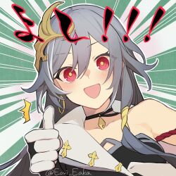 Rule 34 | 1girl, :d, asymmetrical clothes, black choker, blush, breasts, chinese clothes, choker, collarbone, commentary request, earrings, eori eaka, fu hua, fu hua (herrscher of sentience), gloves, grey hair, hair between eyes, honkai (series), honkai impact 3rd, jewelry, long hair, looking at viewer, multicolored hair, open mouth, red eyes, single bare shoulder, single earring, small breasts, smile, solo, streaked hair, thumbs up, twitter username, white gloves, yellow pupils