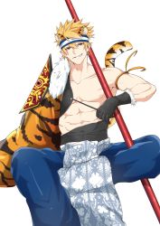 Rule 34 | 1boy, abs, absurdres, animal ears, animal print, armor, bara, black gloves, blonde hair, covered abs, gloves, grin, headband, highres, igote, invisible chair, kiazu114, looking at viewer, male focus, no shirt, orange eyes, original, pectorals, short hair, shoulder armor, sitting, smile, staff, tail, tiger ears, tiger print, tiger tail