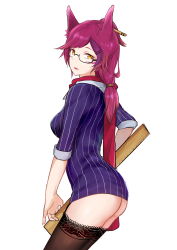 Rule 34 | absurdres, animal ears, ass, breasts, brown eyes, from side, glasses, grey background, hair ornament, hair stick, hairclip, highres, holding, league of legends, long hair, medium breasts, red hair, red scarf, ruler, scarf, semi-rimless eyewear, shirt, simple background, slit pupils, smile, solo, striped clothes, striped shirt, thighhighs, wei miao, xayah
