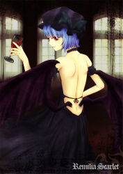 Rule 34 | 1girl, alcohol, alternate costume, arm garter, bare shoulders, bat wings, blue hair, cup, dress, drinking glass, female focus, from behind, glass, hat, highres, neck ribbon, red eyes, remilia scarlet, ribbon, short hair, solo, strapless, strapless dress, taku-012, touhou, window, wine, wine glass, wings