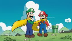 Rule 34 | 2boys, blue eyes, blue sky, brothers, cape, cape luigi, cape mario, day, facial hair, full body, gloves, grass, hat, hill, looking at viewer, luigi, mario, mario (series), multiple boys, mustache, nintendo, overalls, siblings, sky, standing, super mario world, yellow cape