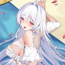 Rule 34 | 1girl, ahoge, back, bare shoulders, bikini, blush, breasts, cirnos, dakimakura (medium), detached sleeves, fate/grand order, fate (series), frilled bikini, frills, hair intakes, lady avalon (fate), lady avalon (second ascension) (fate), long hair, merlin (fate/prototype), open mouth, red eyes, sideboob, sideways, solo, swimsuit, white bikini, white hair