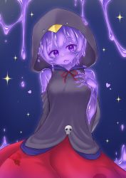 Rule 34 | 1girl, bare shoulders, black dress, blush, breasts, colored skin, curss, dress, highres, hood, monster girl, parted lips, purple eyes, purple hair, purple skin, slime girl, small breasts, solo