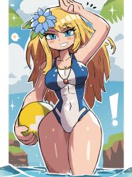 Rule 34 | !, 1girl, absurdres, blonde hair, blue eyes, blue sky, blush, breasts, cloud, covered navel, flower, hair flower, hair ornament, heart, highres, jewelry, large breasts, long hair, looking at viewer, narrow waist, necklace, one-piece swimsuit, original, outdoors, palm tree, sky, solo, spoken heart, swimsuit, tony welt, tree, twitter username, wading, wide hips