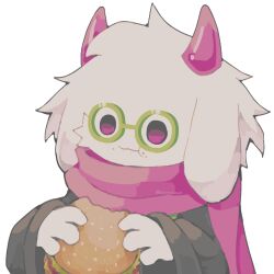 Rule 34 | 1boy, :t, alicezakat, animal ears, artist name, black shirt, body fur, burger, chewing, child, crumbs, deltarune, eating, food, food bite, food on face, furry, furry male, glasses, goat boy, goat ears, green-framed eyewear, hands up, highres, holding, holding food, horns, long sleeves, male focus, pince-nez, pink horns, pink scarf, purple eyes, ralsei, round eyewear, scarf, shirt, signature, simple background, solo, standing, twitter username, upper body, white background, white fur, wide sleeves