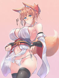 Rule 34 | 1girl, animal ear fluff, animal ears, black gloves, black thighhighs, blue eyes, blush, bow, breasts, bridal gauntlets, closed mouth, clothing cutout, commentary, cowboy shot, crotch seam, detached sleeves, elbow gloves, extra ears, fox ears, fox girl, fox tail, gloves, hair bow, japanese clothes, large breasts, light frown, looking at viewer, navel, navel cutout, obi, orange hair, original, panties, pelvic curtain, pink background, red bow, red sash, sash, sawaya (mizukazu), short hair, side-tie panties, simple background, solo, standing, steam, string panties, sweat, tail, thighhighs, translated, underwear, untying, white panties, white sleeves, wide sleeves, yin yang