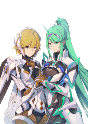 Rule 34 | 2girls, absurdres, armor, blonde hair, blue eyes, breasts, chest jewel, chinese commentary, commentary, cyborg, earrings, fiora (xenoblade), gloves, green eyes, green hair, hair ornament, headpiece, highres, holding, jewelry, large breasts, linzi, long hair, looking at viewer, mecha-fiora, medium breasts, multiple girls, pneuma (xenoblade), ponytail, short hair, simple background, smile, swept bangs, thighhighs, tiara, very long hair, weapon, white background, xenoblade chronicles (series), xenoblade chronicles 1, xenoblade chronicles 2