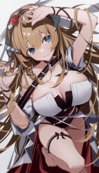 Rule 34 | 1girl, absurdres, arknights, arm up, bare arms, bare shoulders, barefoot, blonde hair, blue eyes, breasts, chichi guai, cleavage, commentary request, hairband, highres, horns, large breasts, long hair, looking at viewer, official alternate costume, one-piece swimsuit, saileach (arknights), saileach (summer flowers) (arknights), solo, swimsuit, thigh strap, thighs