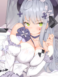Rule 34 | &gt;:(, 1girl, bare shoulders, bed sheet, black headwear, blush, breasts, cellphone, choker, cleavage, closed mouth, commentary, dduck kong, detached sleeves, dress, earrings, english commentary, facial mark, frilled sleeves, frills, girls&#039; frontline, glint, green eyes, hair ornament, highres, hk416 (girls&#039; frontline), hk416 (herbal-flavored hard candy) (girls&#039; frontline), jewelry, large breasts, long hair, long sleeves, looking at viewer, lying, official alternate costume, on side, phone, photoshop (medium), pillow, purple choker, silver hair, smartphone, solo, strapless, strapless dress, upper body, v-shaped eyebrows, white dress