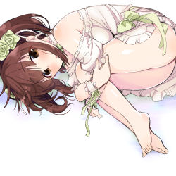 Rule 34 | 10s, 1girl, bare shoulders, barefoot, blush, brown eyes, brown hair, feet, fetal position, idolmaster, idolmaster cinderella girls, long hair, looking at viewer, lying, ogata chieri, on side, parted lips, saki chisuzu, toes, twintails
