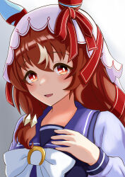 Rule 34 | 1girl, absurdres, animal ears, baeendile, blush, bow, brown hair, collarbone, commentary request, ear covers, ear ornament, hair between eyes, hair ornament, highres, horse ears, horse girl, long sleeves, looking at viewer, open mouth, portrait, purple shirt, red eyes, sailor collar, school uniform, shirt, simple background, solo, still in love (umamusume), tracen school uniform, umamusume, veil, white background, white bow, winter uniform