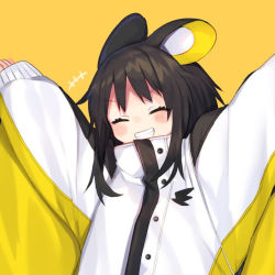 Rule 34 | +++, 1girl, ^ ^, animal ears, arms up, black hair, blush stickers, closed eyes, creatures (company), emolga, facing viewer, game freak, gen 5 pokemon, grin, jacket, long hair, long sleeves, moti yousei, nintendo, orange background, personification, pokemon, puffy long sleeves, puffy sleeves, simple background, sleeves past wrists, smile, solo, squirrel ears, upper body, very long hair, white jacket