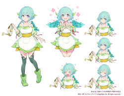Rule 34 | 1girl, :d, :|, apron, aqua wings, artist name, blue eyes, closed mouth, dated, green hair, green skirt, green thighhighs, multiple views, nanase miri, official art, open mouth, pink pupils, short hair, simple background, skirt, smile, symbol-shaped pupils, thighhighs, watering can, white background, wings