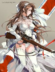Rule 34 | 1girl, bolt action, breasts, brown hair, character name, covered navel, girls&#039; frontline, gloves, gluteal fold, goggles, goggles on head, green eyes, grey background, gun, highres, holding, holding weapon, large breasts, lee-enfield, lee-enfield (girls&#039; frontline), lee enfield, leotard, long hair, looking to the side, parted lips, red ribbon, ribbon, rifle, scope, signature, sniper rifle, solo, thighhighs, weapon, white gloves, white leotard, white thighhighs, yd (orange maru)