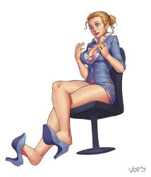 Rule 34 | 1girl, artist name, bare legs, blink3r, blonde hair, blue eyes, breasts, button gap, chair, commission, crossed legs, female focus, hair bun, high heels, highres, large breasts, lips, office chair, office lady, open mouth, original, pencil skirt, shoe dangle, short hair, sidelocks, simple background, sitting, skirt, solo, swivel chair, teeth, thighs, tight clothes, torn clothes, torn skirt, upper teeth only, white background