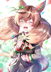 Rule 34 | 1girl, absurdres, animal ears, black dress, blush, bow, bowtie, breasts, brown hair, closed eyes, commentary request, crying, dress, ear covers, facing viewer, green bow, green bowtie, green ribbon, grey shirt, hair ribbon, hand on own stomach, hand up, highres, holding, horse ears, horse girl, horse tail, long hair, long sleeves, medal, medium breasts, nice nature (umamusume), open mouth, ribbon, shirt, solo, striped bow, striped bowtie, striped clothes, striped neckwear, tail, takemura kou, teeth, twintails, umamusume, upper teeth only, wristband