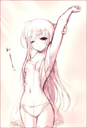 Rule 34 | 1girl, arm up, armpits, chemise, cowboy shot, frown, lingerie, long hair, monochrome, one eye closed, original, panties, see-through, shouna mitsuishi, sketch, solo, stretching, underwear, very long hair, wink