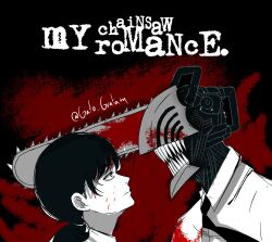 Rule 34 | 1boy, 1girl, absurdres, album cover redraw, artist name, blood, blood on clothes, blood on face, chainsaw, chainsaw man, collared shirt, commentary request, denji (chainsaw man), derivative work, gratam, highres, limited palette, looking at another, mitaka asa, my chemical romance, necktie, parody, sharp teeth, shirt, spanish commentary, teeth, twitter username
