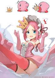Rule 34 | 1girl, ^^^, absurdres, artist name, bare shoulders, blue brooch, blue eyes, blush stickers, bonnet, breasts, clenched hand, collarbone, commentary, crown, dress, elbow gloves, facebook username, frilled dress, frilled hat, frills, gloves, hat, highres, kirby, kirby (series), kobi (piliheros2000), looking at viewer, mario (series), mini crown, new super mario bros. u deluxe, nintendo, no panties, open mouth, outstretched leg, parted bangs, personification, pink dress, pink gloves, pink hair, pink hat, pixiv id, revision, ribbon-trimmed gloves, ribbon-trimmed legwear, ribbon trim, sidelocks, simple background, small breasts, strapless, strapless dress, super crown, surprised, thighhighs, transformation, twitter username, v-shaped eyebrows, w arms, wavy mouth, white background