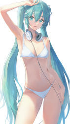 Rule 34 | 1girl, absurdres, aqua eyes, aqua hair, bikini, bird, breasts, cable, hand on own hip, hand on own head, hatsune miku, headphones, headphones around neck, highres, long hair, looking at viewer, navel, ocean, open mouth, pigone, ribbon, simple background, small breasts, solo, sunlight, swimsuit, very long hair, vocaloid, white background, white bikini, white ribbon