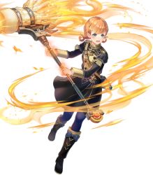 Rule 34 | 1girl, annette fantine dominic, aura, bag, blue eyes, blush, boots, bow, crusher (weapon), epaulettes, fire, fire emblem, fire emblem: three houses, fire emblem heroes, full body, garreg mach monastery uniform, hammer, heroes relic (fire emblem), highres, nintendo, official art, open mouth, orange hair, solo, thighhighs, transparent background, twintails