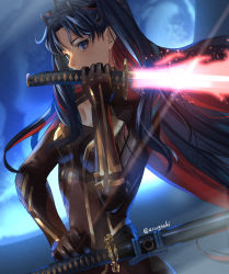 Rule 34 | 1girl, aona (anagasaki), backlighting, black bodysuit, black eyes, black gloves, black hair, bodysuit, breasts, fate/grand order, fate (series), gloves, glowing, glowing sword, glowing weapon, hand on own hip, holding, holding sword, holding weapon, horns, ishtar (fate), long hair, looking at viewer, multicolored hair, parted bangs, red hair, sheath, sheathed, small breasts, solo, space ishtar (fate), space ishtar (first ascension) (fate), sword, twitter username, two-tone hair, two side up, upper body, very long hair, weapon
