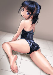 Rule 34 | 1girl, ass, barefoot, black hair, black one-piece swimsuit, blue eyes, blunt bangs, commentary request, competition school swimsuit, dutch angle, feet, from behind, highres, looking at viewer, looking back, medium hair, one-piece swimsuit, original, ponytail, puddle, rohitsuka, school swimsuit, solo, swimsuit, water, wet, wet clothes, wet swimsuit