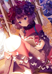 Rule 34 | &gt;:), 1girl, artist name, blurry, blurry foreground, bow, calligraphy brush, checkered bow, checkered clothes, closed mouth, commentary request, depth of field, dutch angle, fate/grand order, fate (series), fur collar, hair ornament, highres, holding, holding paintbrush, japanese clothes, katsushika hokusai (fate), kimono, long sleeves, orange bow, paintbrush, purple eyes, purple hair, purple kimono, rosuuri, short hair, sitting, smile, socks, solo, transparent, v-shaped eyebrows, watermark, web address, white socks, wide sleeves, wind chime