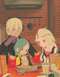 Rule 34 | 1boy, 2girls, aged down, ai the somnium files, aiba (ai the somnium files), air conditioner, artificial eye, bag, black coat, black eyes, blonde hair, blue hair, brick wall, bright pupils, chicken nuggets, closed mouth, coat, commentary, cup, date kaname, disposable cup, drinking straw, english commentary, fast food, fiiib, food, french fries, gloves, hair between eyes, heterochromia, highres, indoors, kitchen, long hair, long sleeves, looking at another, mcdonald&#039;s, meme, multicolored hair, multiple girls, okiura mizuki, paper bag, purple gloves, red eyes, red gloves, short hair, smile, streaked hair, table, upper body, white pupils, yellow eyes, yoru mac