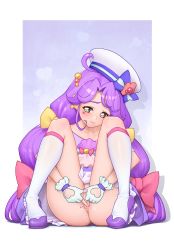 Rule 34 | 1girl, absurdres, blue eyes, boots, bow, bow earrings, covering privates, covering crotch, cure coral, earrings, facial mark, gloves, hair bow, hat, heart, heart facial mark, heart in eye, high heel boots, high heels, highres, jewelry, kneehighs, knees to chest, long hair, looking at viewer, m legs, magical girl, multi-tied hair, multiple hair bows, nypdesu, precure, purple hair, pussy, pussy juice, sailor hat, shoes, socks, solo, spread legs, squatting, suzumura sango, symbol in eye, tropical-rouge! precure, very long hair, yellow bow, yellow eyes