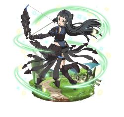 Rule 34 | 1girl, armor, arrow (projectile), black eyes, black footwear, black hair, black hairband, boots, bow (weapon), detached sleeves, faux figurine, floating hair, from behind, full body, gauntlets, grey leotard, hairband, head tilt, high heel boots, high heels, holding, holding arrow, holding bow (weapon), holding weapon, knee boots, leg up, leotard, long hair, looking at viewer, looking back, open mouth, shoulder armor, simple background, solo, pauldrons, sword art online, thigh strap, very long hair, weapon, white background, yui (sao)