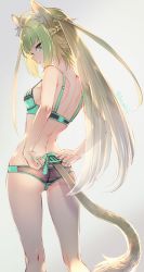 Rule 34 | 1girl, ahoge, animal ears, ass, atalanta (fate), blonde hair, bra, braid, breasts, butt crack, fate/apocrypha, fate/grand order, fate (series), from behind, gradient background, green bra, green eyes, green hair, green panties, long hair, looking back, miyuki ruria, multicolored hair, nail polish, panties, parted lips, ribbon, see-through, side braid, sideboob, simple background, small breasts, solo, strap gap, tail, tail ornament, tail ribbon, twitter username, two-tone hair, two side up, underwear, underwear only